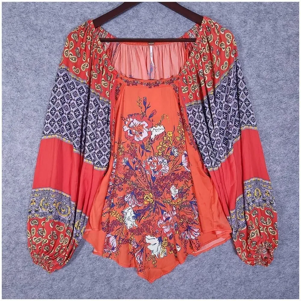 Free People Positano Womens Small Cherry Floral Boho Blouse Balloon Sleeve NWT